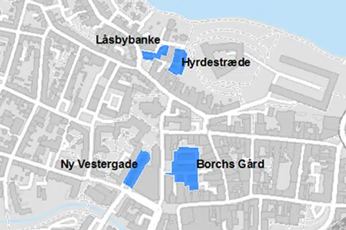 Kort over betalingsparkering på Låsbybanke, Hyrdestræde, Ny Vestergade og Borchs Gård